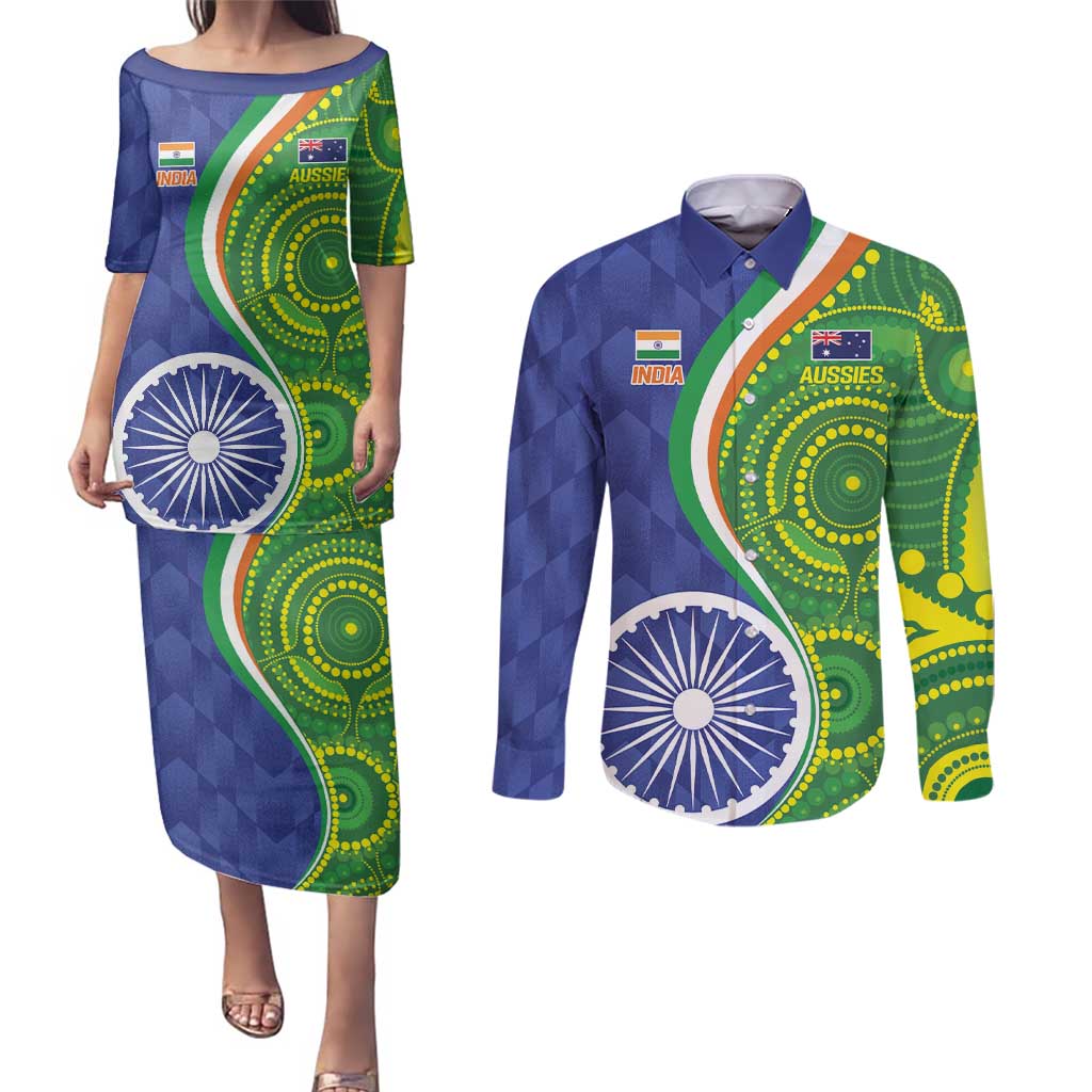 India Vs Australian Cricket Custom Couples Matching Puletasi and Long Sleeve Button Shirt Ashoka Chakra and Aboriginal Together LT9 - Wonder Print Shop