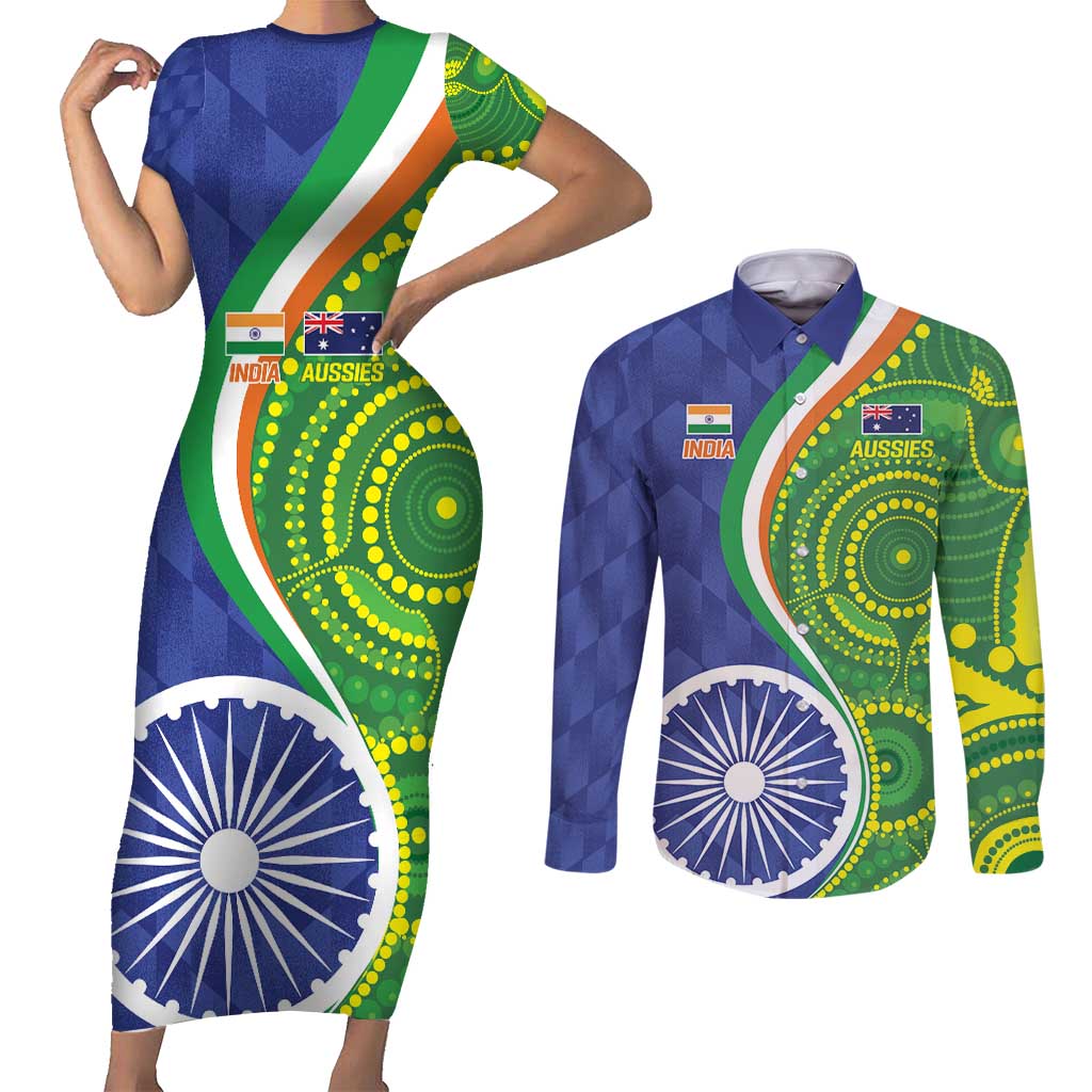 India Vs Australian Cricket Custom Couples Matching Short Sleeve Bodycon Dress and Long Sleeve Button Shirt Ashoka Chakra and Aboriginal Together LT9 - Wonder Print Shop