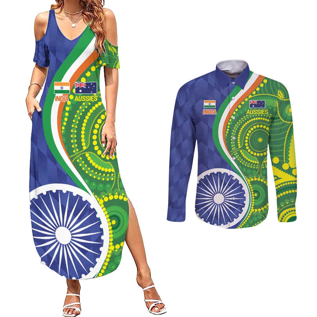 India Vs Australian Cricket Custom Couples Matching Summer Maxi Dress and Long Sleeve Button Shirt Ashoka Chakra and Aboriginal Together LT9 - Wonder Print Shop