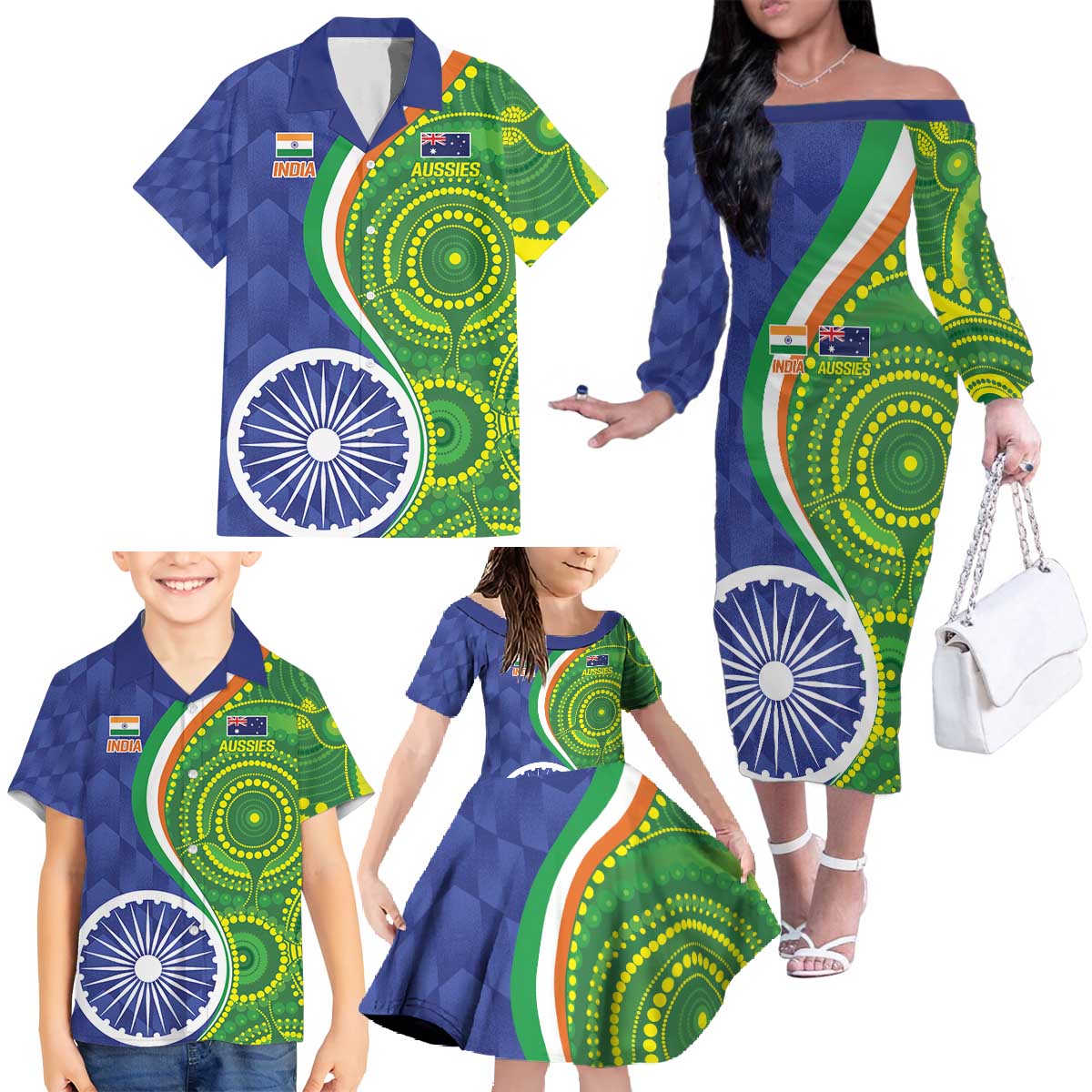 India Vs Australian Cricket Custom Family Matching Off The Shoulder Long Sleeve Dress and Hawaiian Shirt Ashoka Chakra and Aboriginal Together - Wonder Print Shop