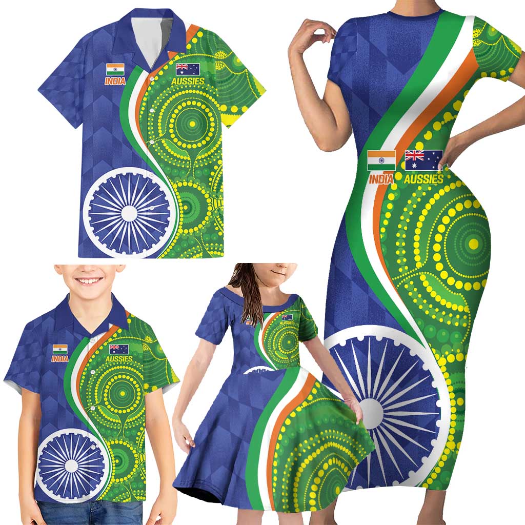 India Vs Australian Cricket Custom Family Matching Short Sleeve Bodycon Dress and Hawaiian Shirt Ashoka Chakra and Aboriginal Together - Wonder Print Shop