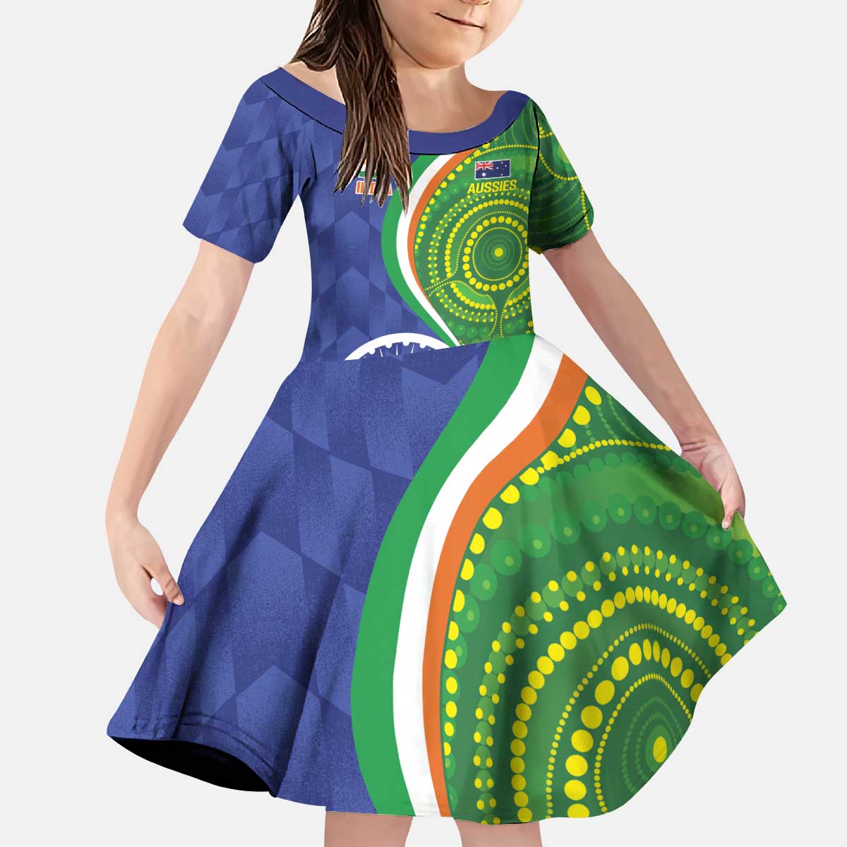 India Vs Australian Cricket Custom Kid Short Sleeve Dress Ashoka Chakra and Aboriginal Together - Wonder Print Shop