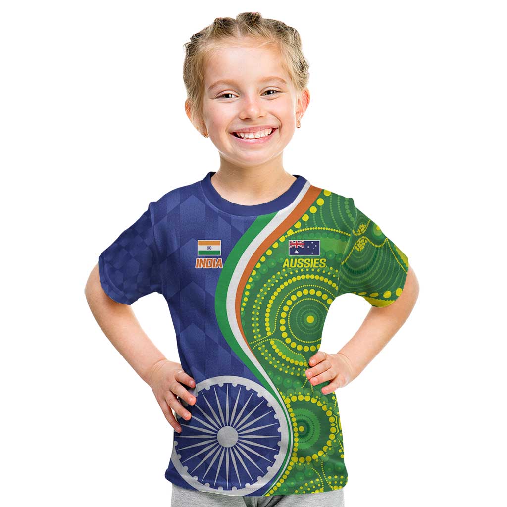 India Vs Australian Cricket Custom Kid T Shirt Ashoka Chakra and Aboriginal Together - Wonder Print Shop