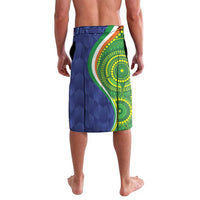 Blue-green printed shorts with elastic waistband and circular dot motif on side panel