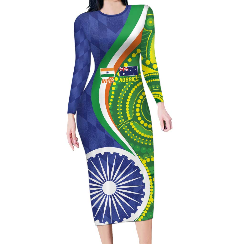 India Vs Australian Cricket Custom Long Sleeve Bodycon Dress Ashoka Chakra and Aboriginal Together - Wonder Print Shop