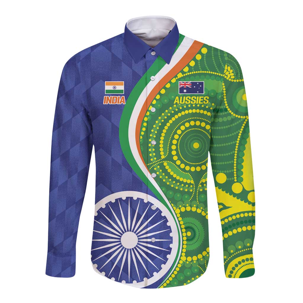 Blue-green long sleeve button shirt with India and Australia sports graphics