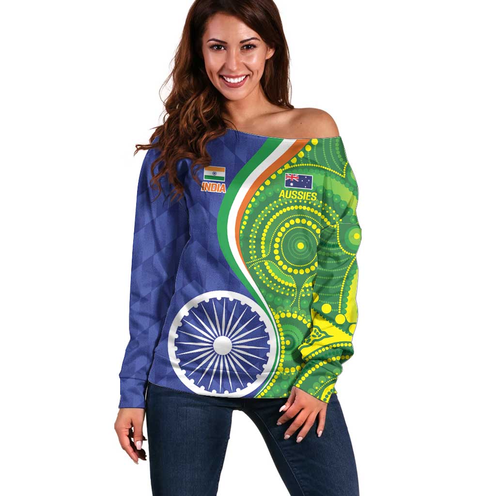 India Vs Australian Cricket Custom Off Shoulder Sweater Ashoka Chakra and Aboriginal Together