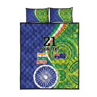 Blue quilt bed set with green pattern, 21 YOUR TEXT, India and Aussies flag graphics, 2 pillows
