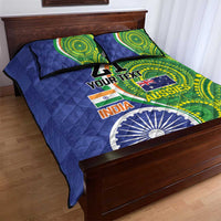 Blue quilt bed set with green pattern, India and Australia flag graphics, 2 matching pillows