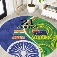 Round cricket-themed carpet with blue-green INDIA and AUSSIES circular graphics