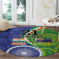 Round cricket carpet with blue-green INDIA and AUSSIES design and Ashoka-chakra arc