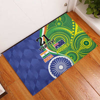 Cricket rubber doormat corner view, India & Aussies flags, 21 text, Ashoka chakra, green swirls