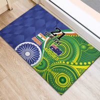 Cricket rubber doormat with India & Aussies flags, 21 text, Ashoka chakra, dotted green patterns