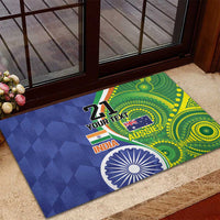 Cricket rubber doormat outdoors with India & Aussies flags, 21 text, Ashoka chakra, green dotted swirls
