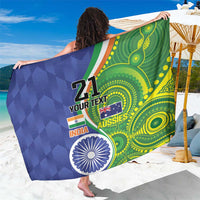Custom cricket sarong with green dot pattern, blue panel, number 21 and Ashoka chakra