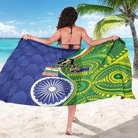 Custom cricket sarong, blue-green print with number 21, India-Aussies text and chakra