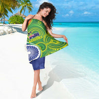 Custom cricket sarong with green aboriginal-style dots, blue Ashoka chakra and number 21