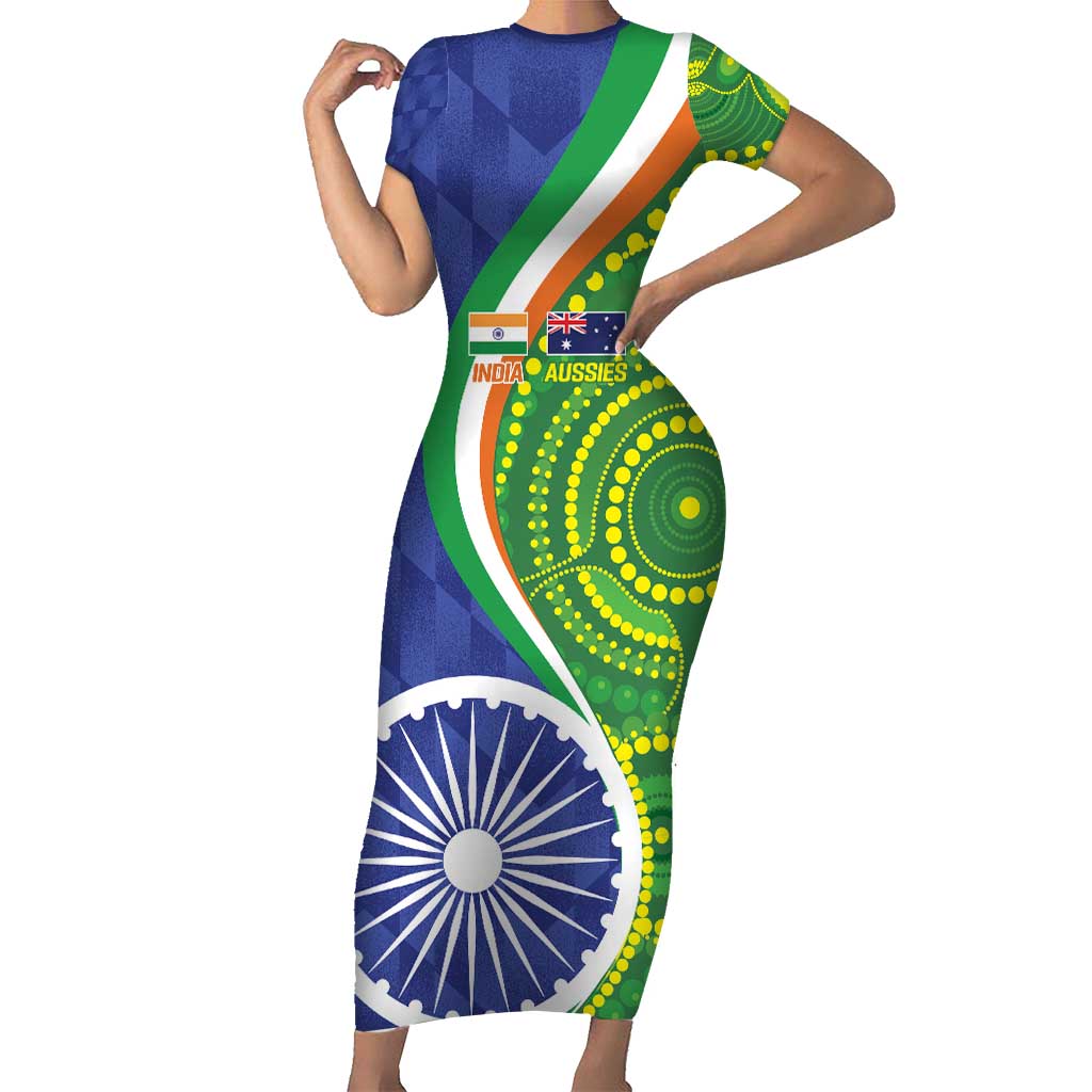 India Vs Australian Cricket Custom Short Sleeve Bodycon Dress Ashoka Chakra and Aboriginal Together