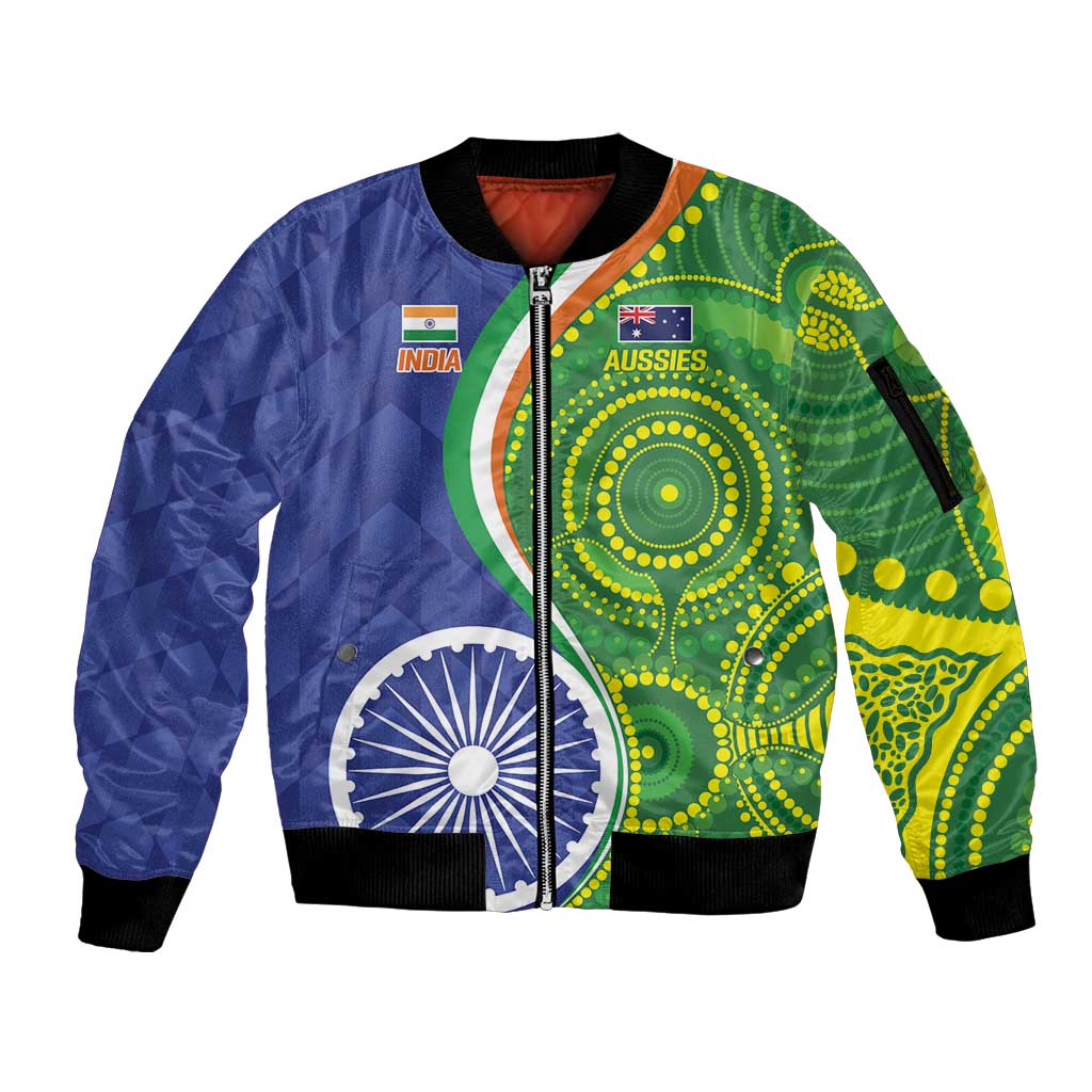 India Vs Australian Cricket Custom Sleeve Zip Bomber Jacket Ashoka Chakra and Aboriginal Together