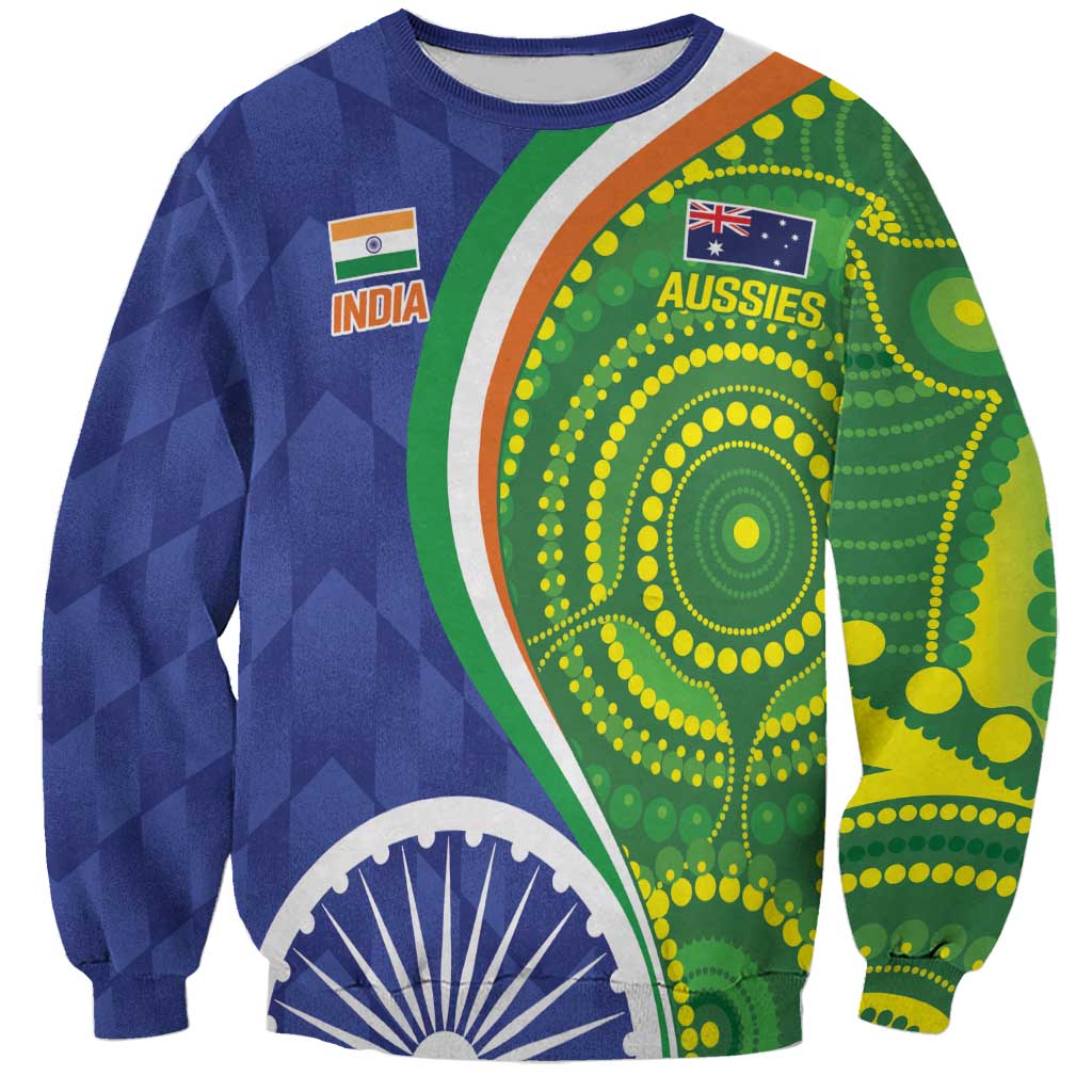 Unisex blue sweatshirt with India and Australia-themed cricket graphic, full front print
