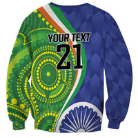 Unisex blue sweatshirt with green cricket graphic, 'YOUR TEXT' and 21 on back