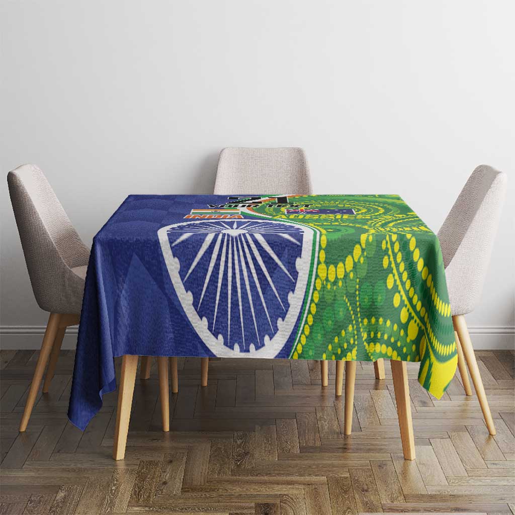 Blue-green tablecloth on square table with emblem and green dot circle pattern