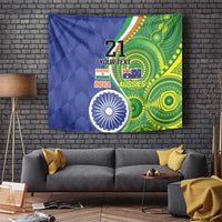 Wall tapestry in blue and green with “21 YOUR TEXT” and India/Aussies symbols plus Ashoka chakra