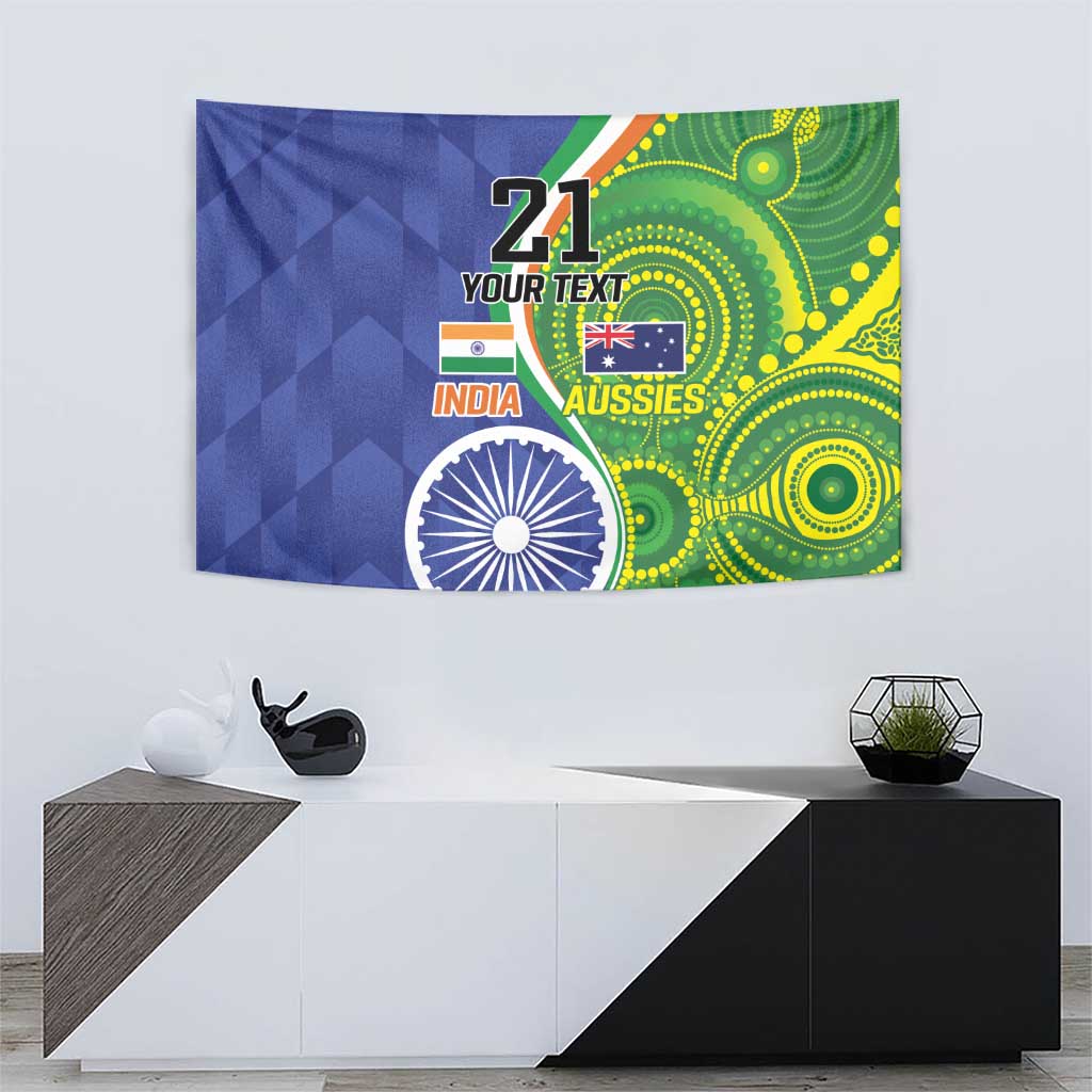 Wall tapestry showing “21 YOUR TEXT” on blue and green patterned background with India/Aussies and Ashoka chakra