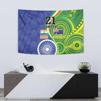 Wall tapestry showing “21 YOUR TEXT” on blue and green patterned background with India/Aussies and Ashoka chakra