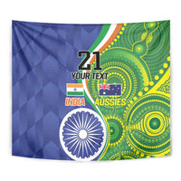 Close-up wall tapestry: blue and green tribal pattern with “21 YOUR TEXT”, India/Aussies icons, Ashoka chakra