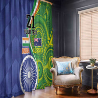 Window curtain panel in blue and green with cricket-themed India and Aussies artwork