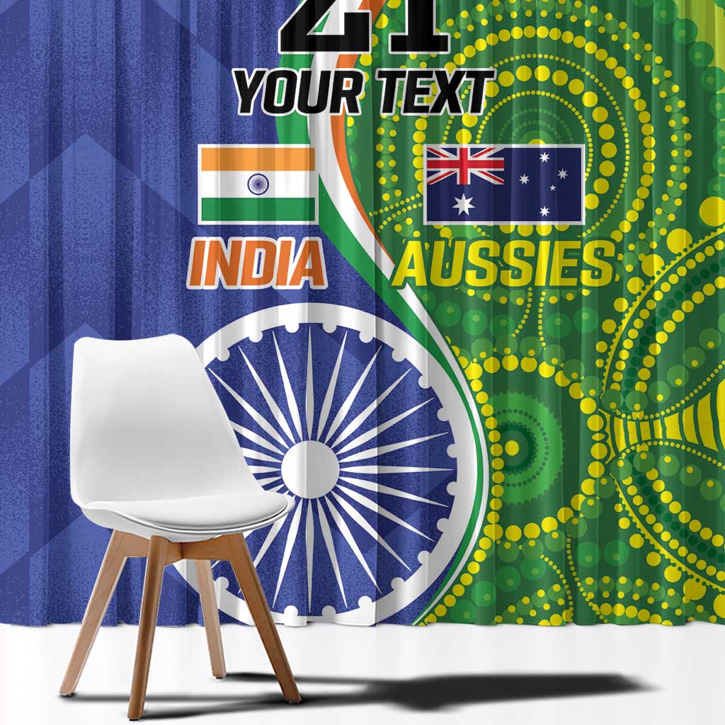 Window curtain with blue and green cricket-themed India and Aussies print and custom text