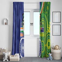 Pair of window curtains in blue and green with cricket-themed India and Aussies artwork