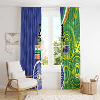 Blue and green window curtains with cricket-themed India and Aussies print and custom text