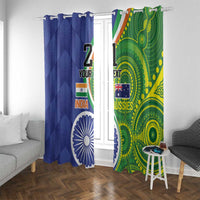 Pair of window curtains with blue India and green Aussies cricket-themed artwork and custom text