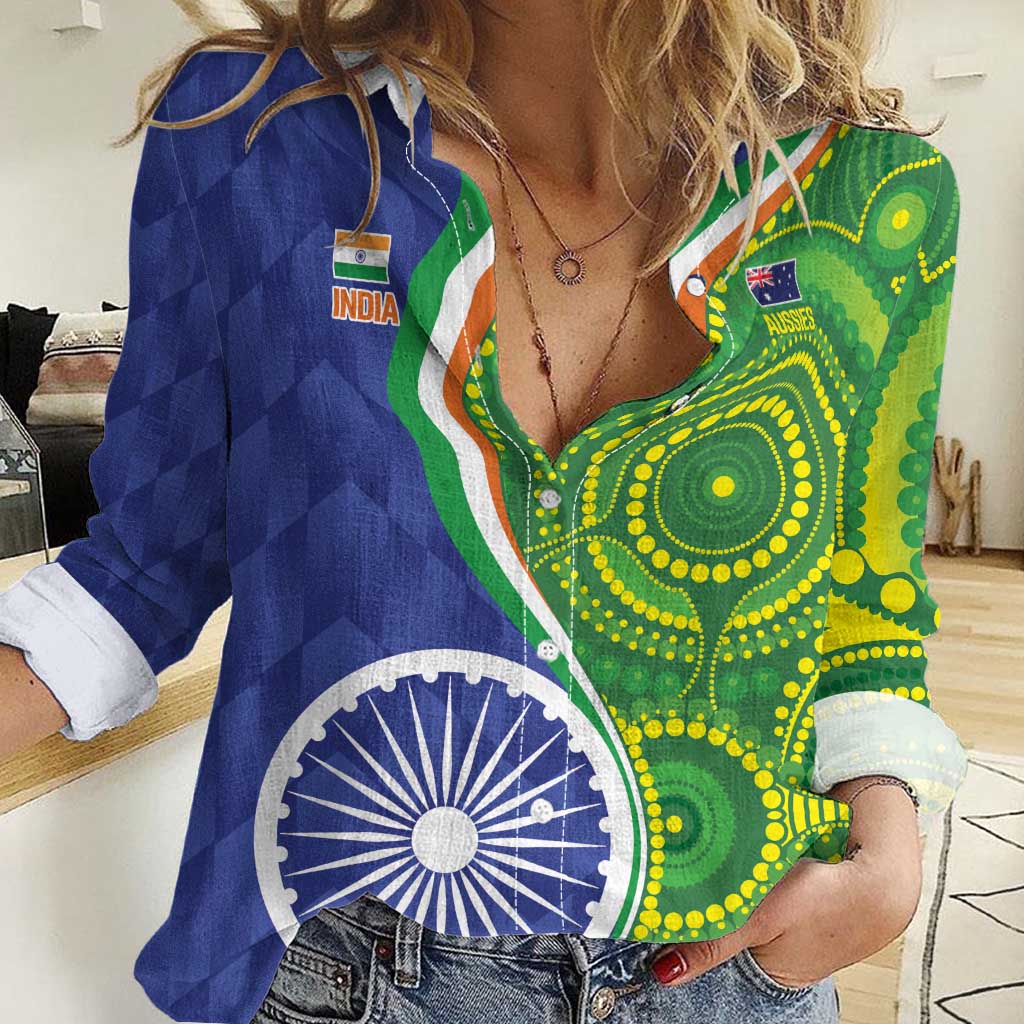 India Vs Australian Cricket Custom Women Casual Shirt Ashoka Chakra and Aboriginal Together