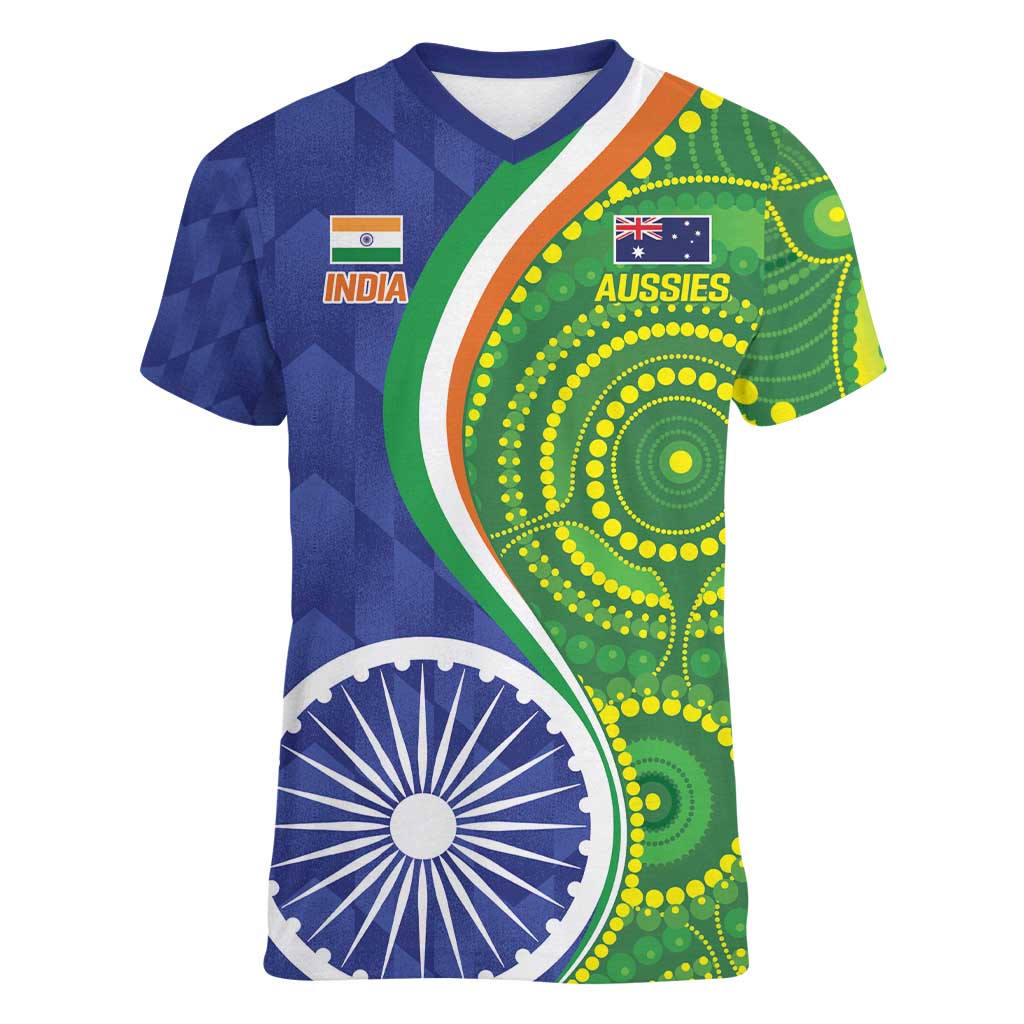 India Vs Australian Cricket Custom Women V-Neck T-Shirt Ashoka Chakra and Aboriginal Together