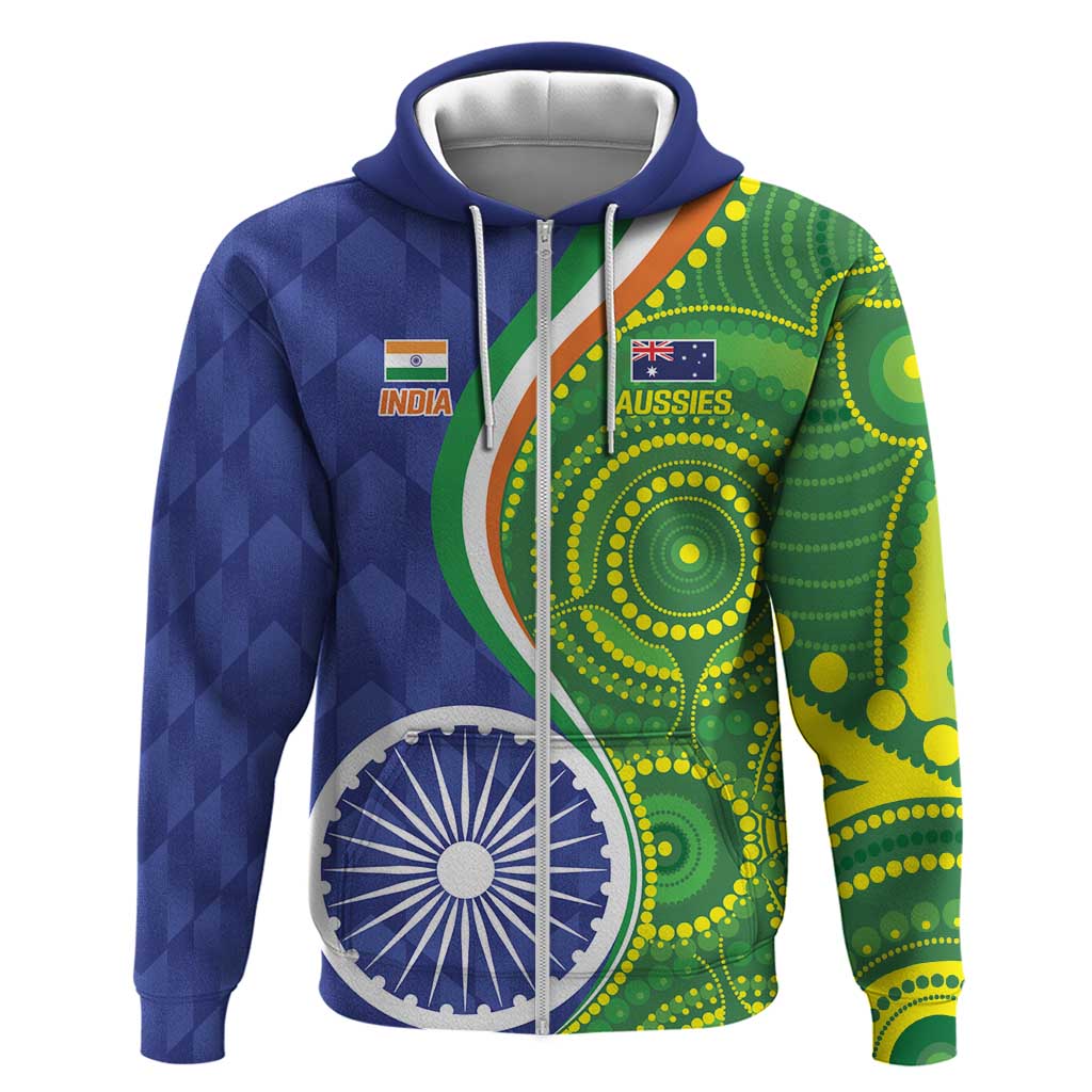 India Vs Australian Cricket Custom Zip Hoodie Ashoka Chakra and Aboriginal Together