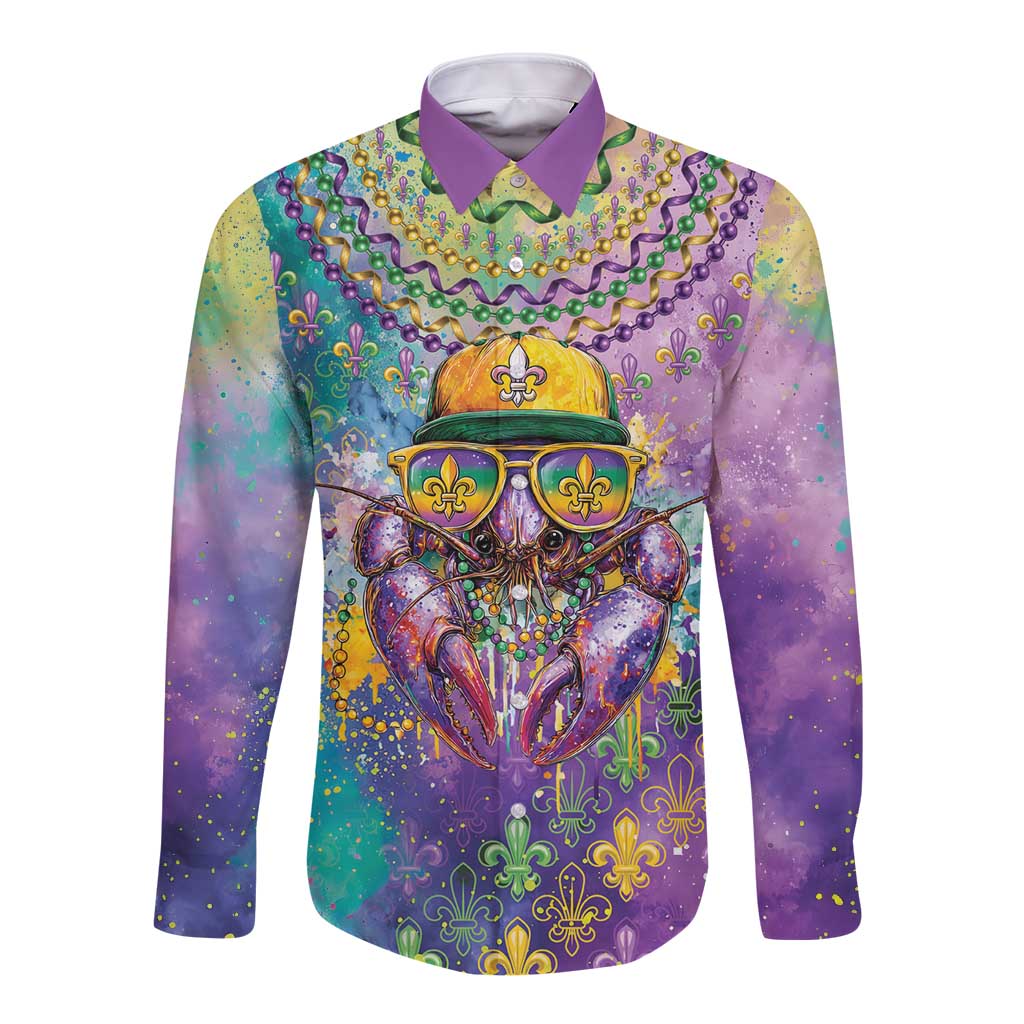Mardi Gras Crawfish Personalized Long Sleeve Button Shirt NOLA Fat Tuesday Drip Art - Wonder Print Shop