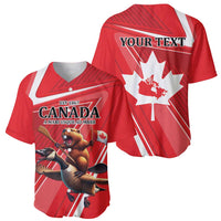 Red baseball jersey showing front Canada print and back YOUR TEXT maple leaf