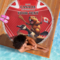 Round red Canada beach blanket with fringe and beaver/bird illustration, “YOUR TEXT”.