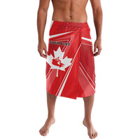 Red personalized lavalava wrap skirt with maple leaf graphic and diagonal stripes