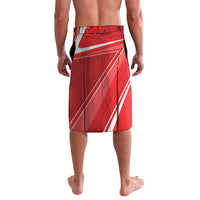 Red lavalava wrap skirt, diagonal stripe pattern with maple leaf and border trim