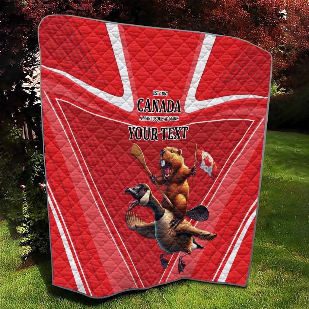 Red personalized Canada quilt with Canada emblem, beaver and goose, “YOUR TEXT”