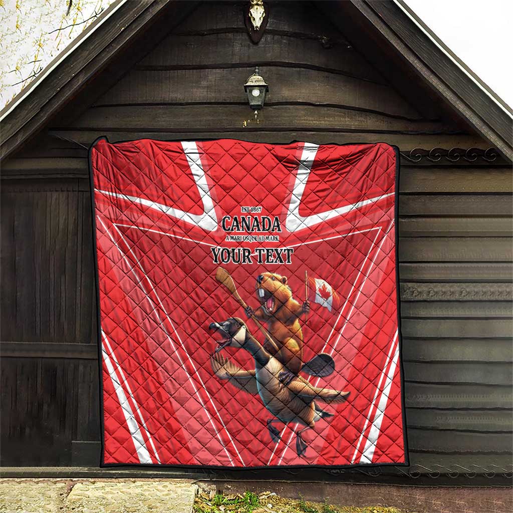 Red personalized Canada quilt with beaver and goose graphic and “YOUR TEXT”