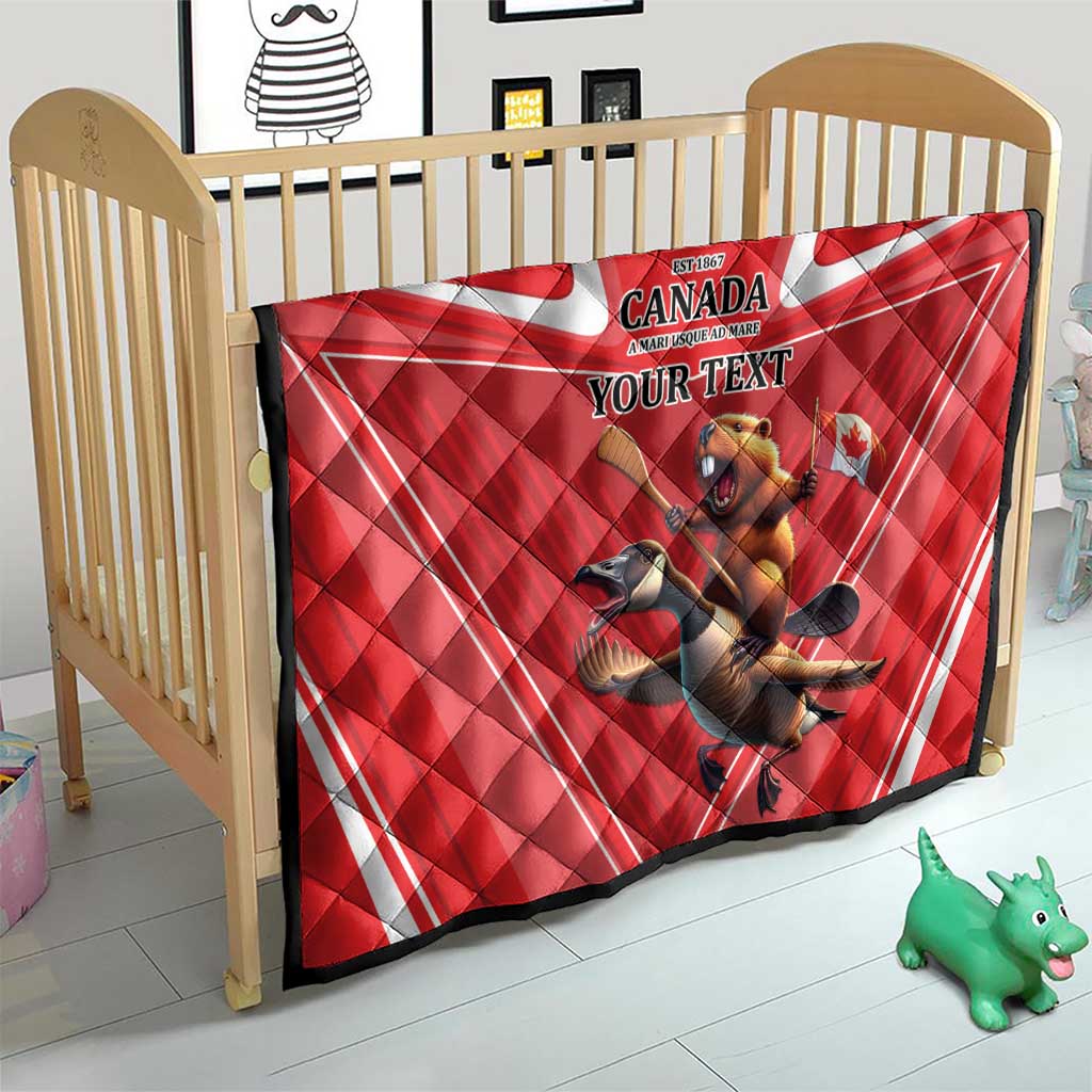 Red personalized Canada quilt for crib with beaver and goose graphic, “YOUR TEXT”