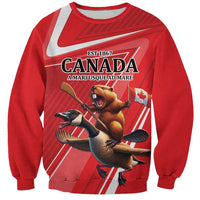 Red crewneck sweatshirt with Canada print, beaver and goose graphics