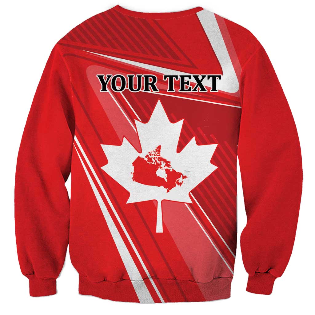 Red crewneck sweatshirt with "YOUR TEXT" back print and white maple leaf