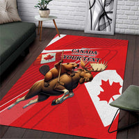 Red Canada Day area rug with beaver and moose graphic and white maple leaf shapes