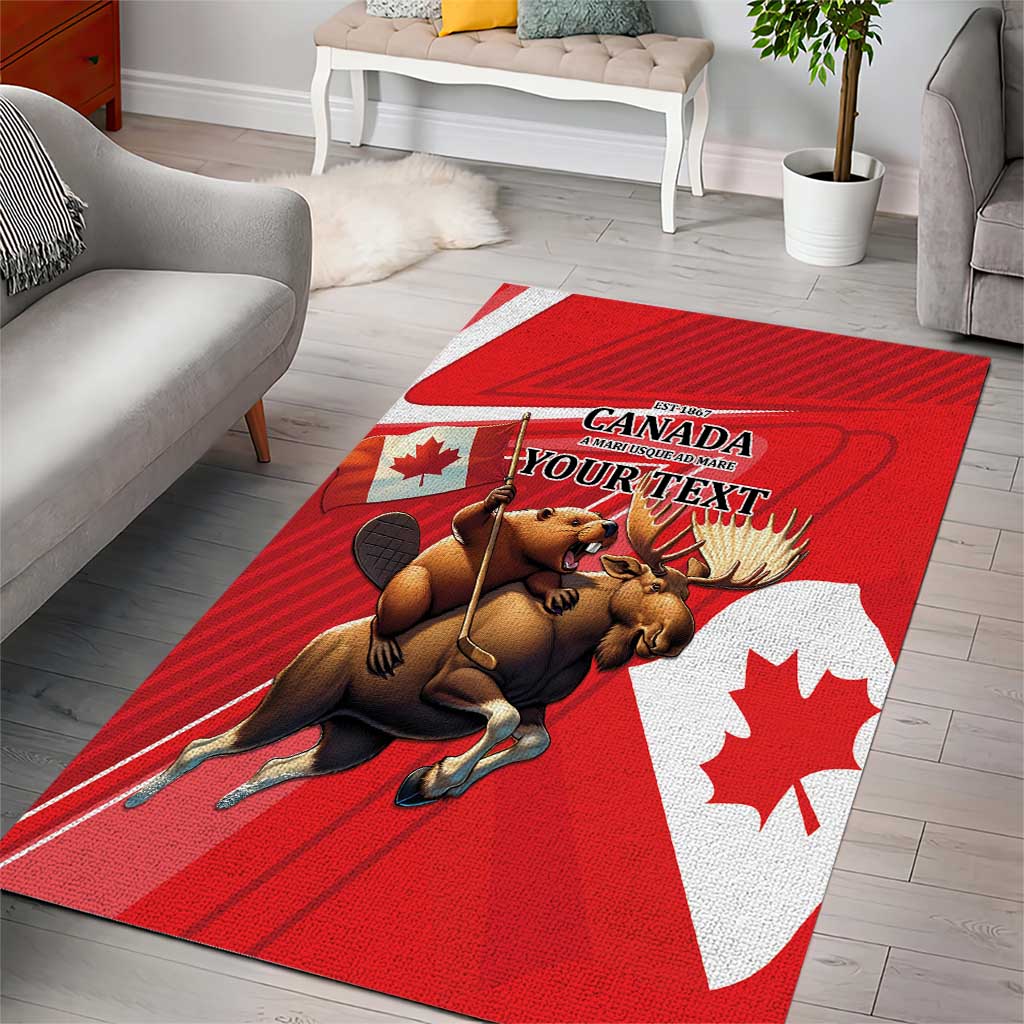 Red rectangular Canada Day rug featuring beaver and moose illustration and Canada text